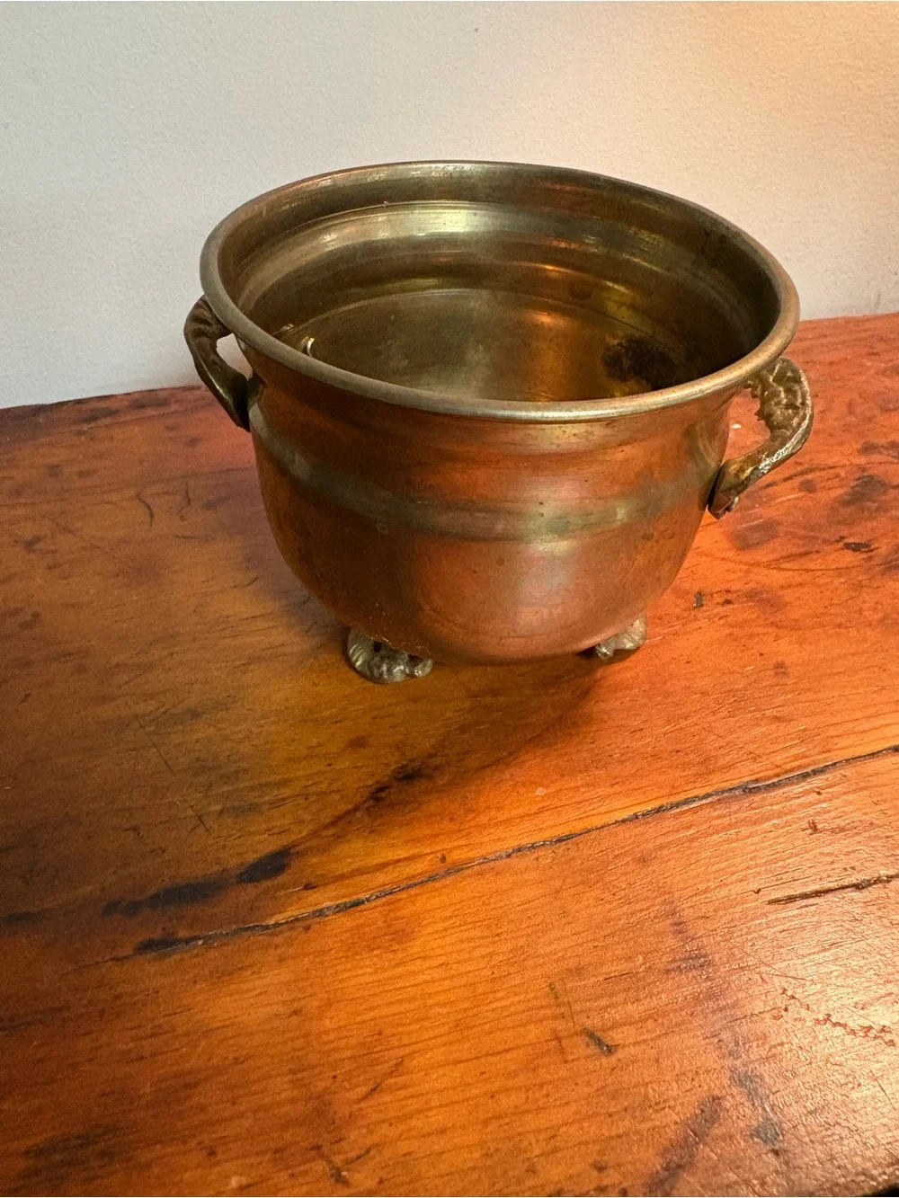 Antique-Style Brass Footed Planter with Handles Curved Handles 3.5x4”